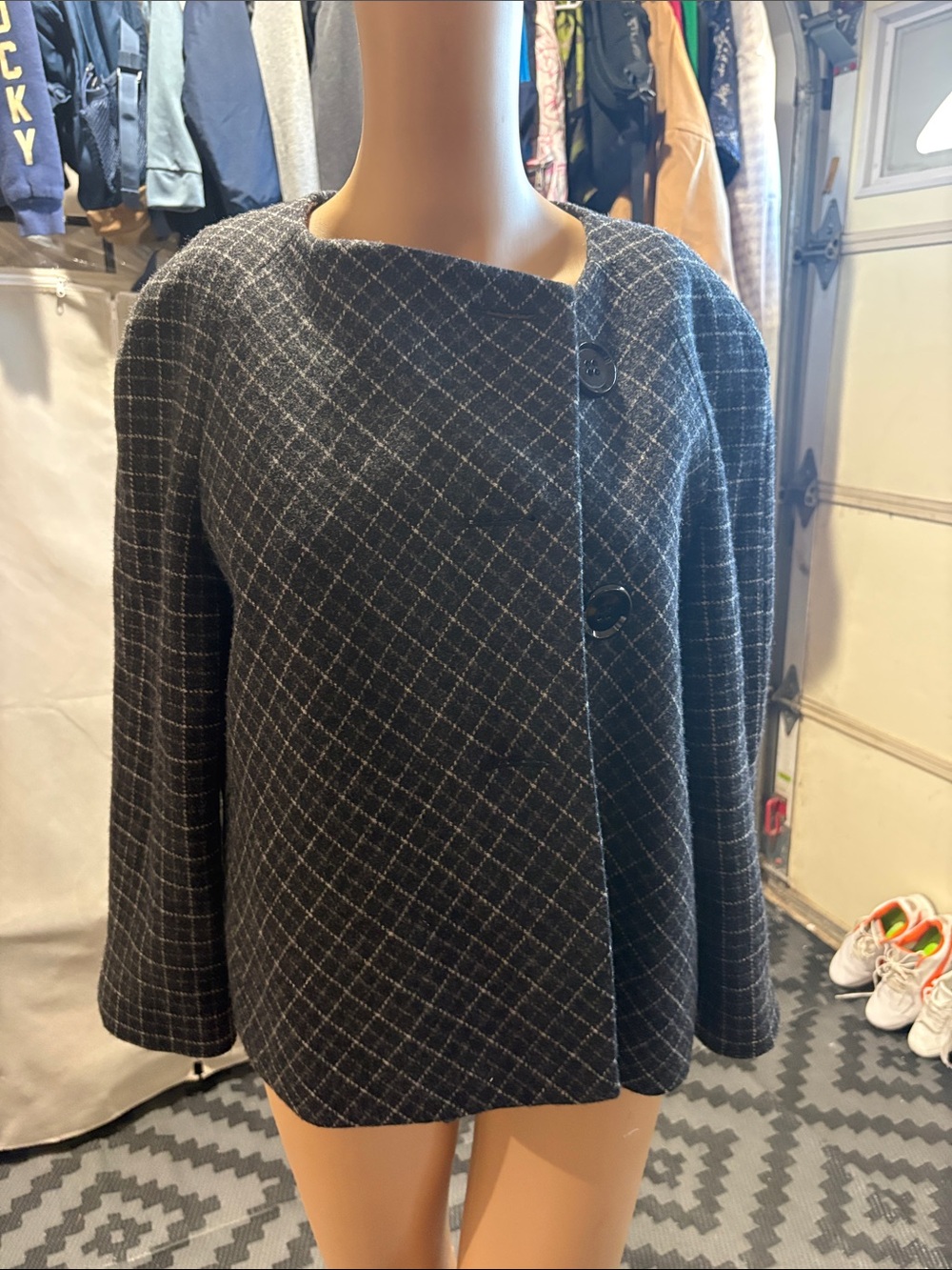 Anne Klein Charcoal Plaid Button-Front Pea Coat